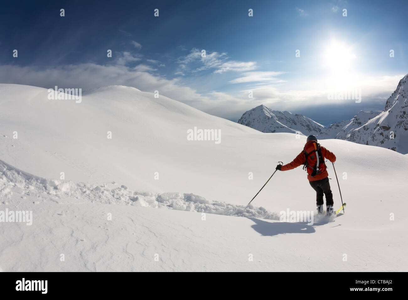 Sciatore con rifiniture a spostarsi verso il basso nella polvere di neve; Alpi italiane. Foto Stock