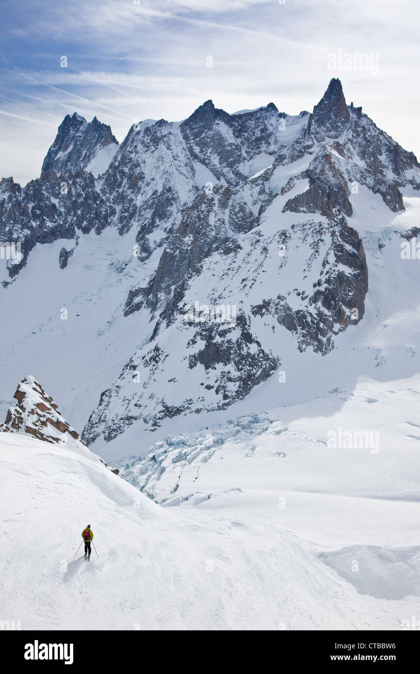 Sciatore maschio si sta spostando verso il basso nella polvere di neve in background Dent du giant Grandes Jourasses envers du plan vallÃ¨e blanche Chamonix Foto Stock