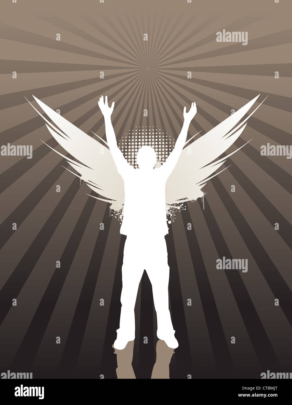 Silhouette di uomo con ali su sfondo di raggi. Tutti gli elementi su livelli separati, facilmente modificati. Foto Stock