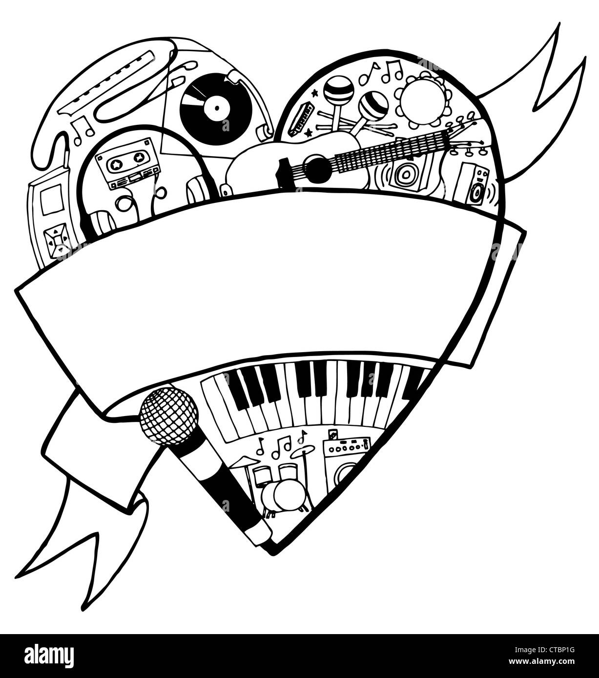 Musica scarabocchi in forma di cuore con banner. Foto Stock