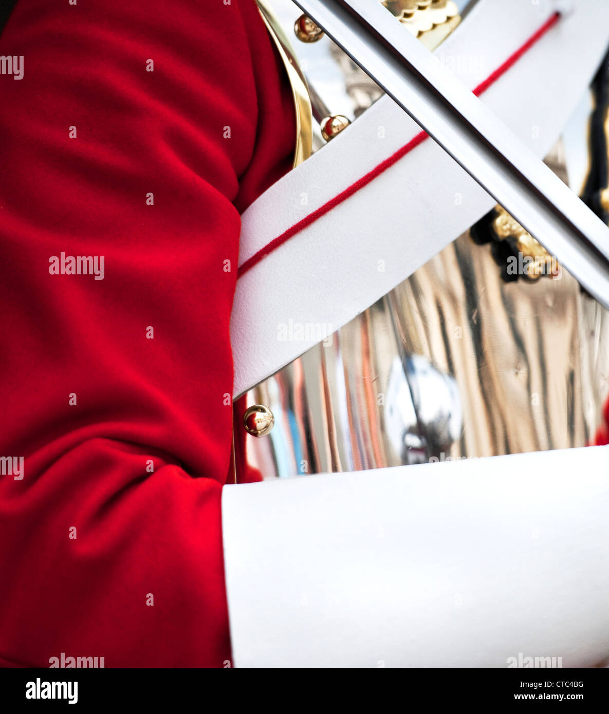 Dettaglio di una vita delle guardie mentre uniforme al di fuori la sfilata delle Guardie a Cavallo, Whitehall, nella città di Londra Foto Stock