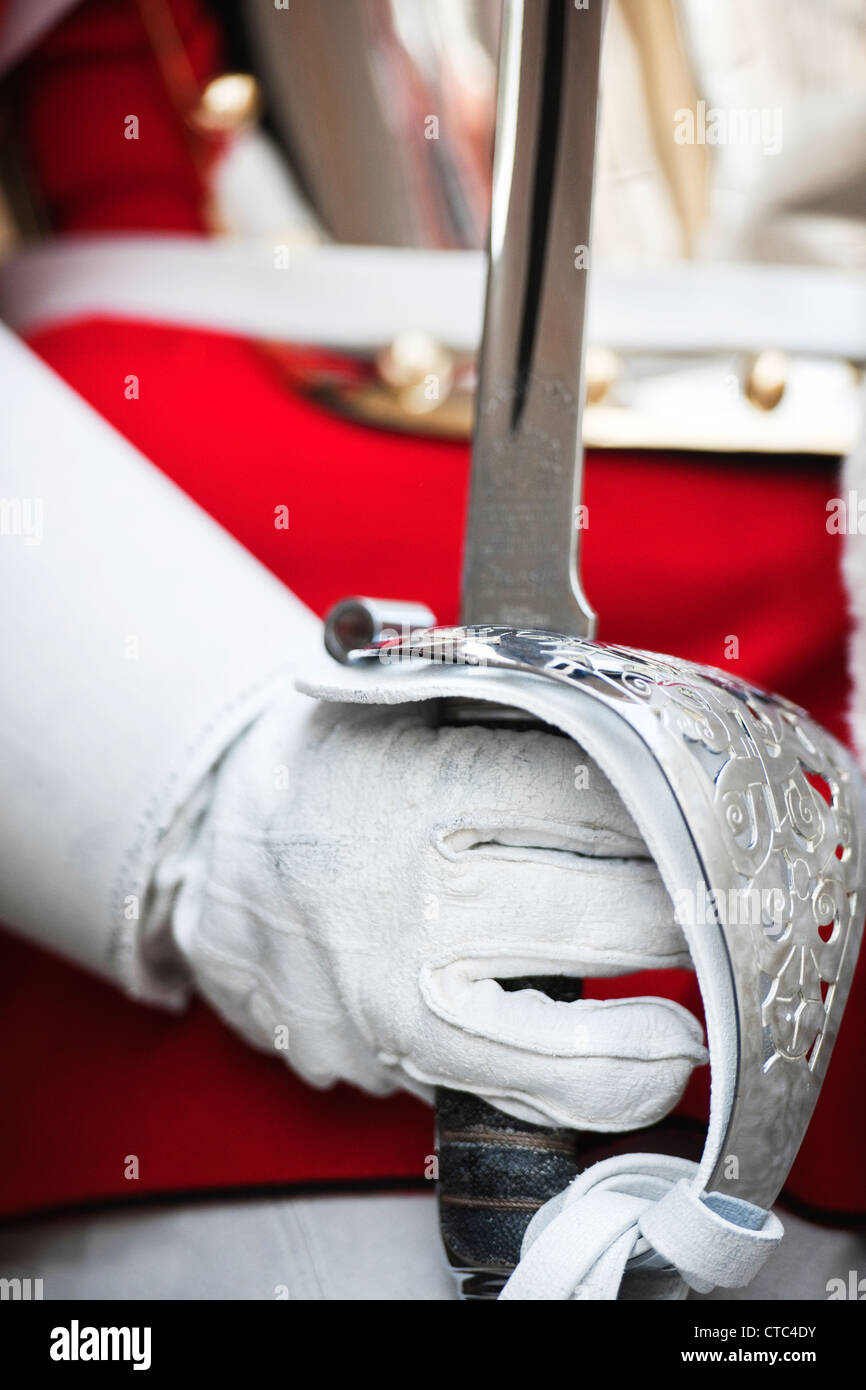 Dettaglio di una vita delle guardie mentre uniforme al di fuori la sfilata delle Guardie a Cavallo nella città di Londra Foto Stock
