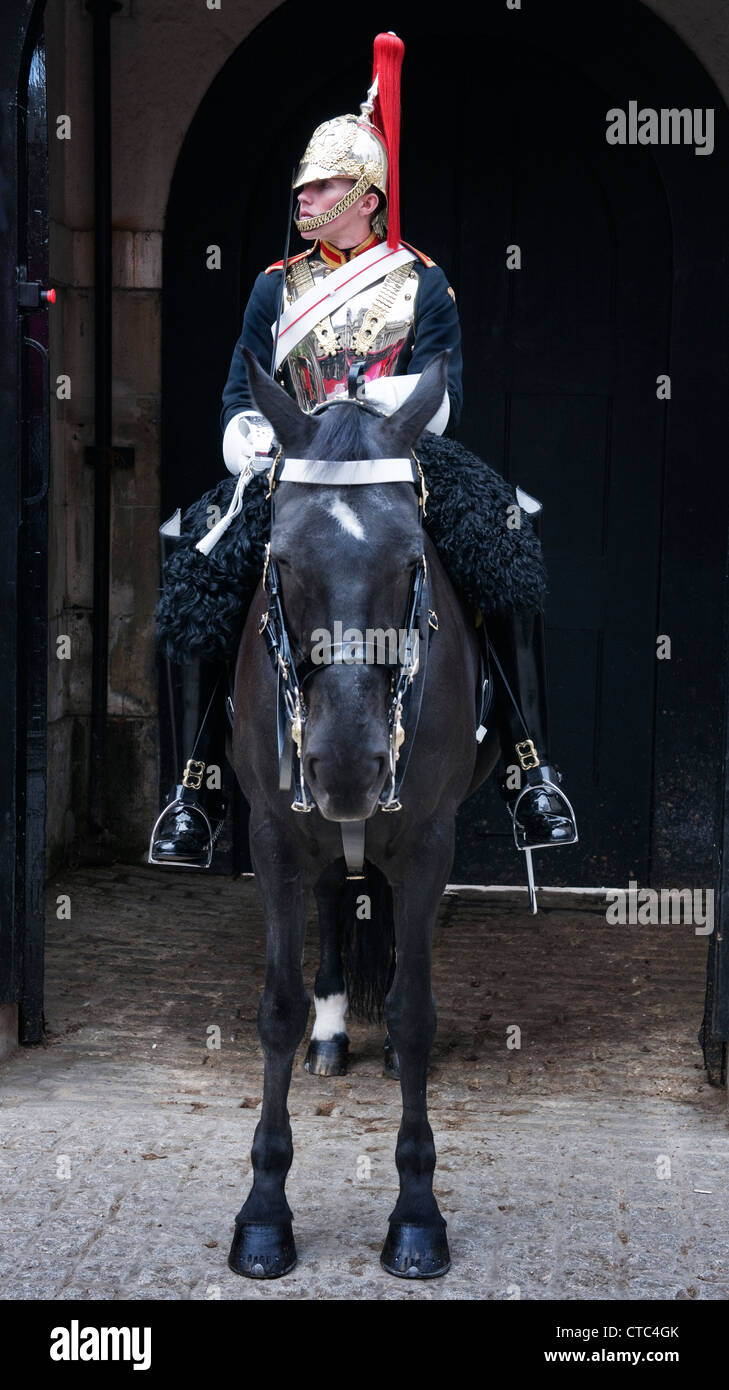 Un sellati Blues e Royal cavalryman sul cerimonia al di fuori la sfilata delle Guardie a Cavallo, Whitehall, City of London Foto Stock