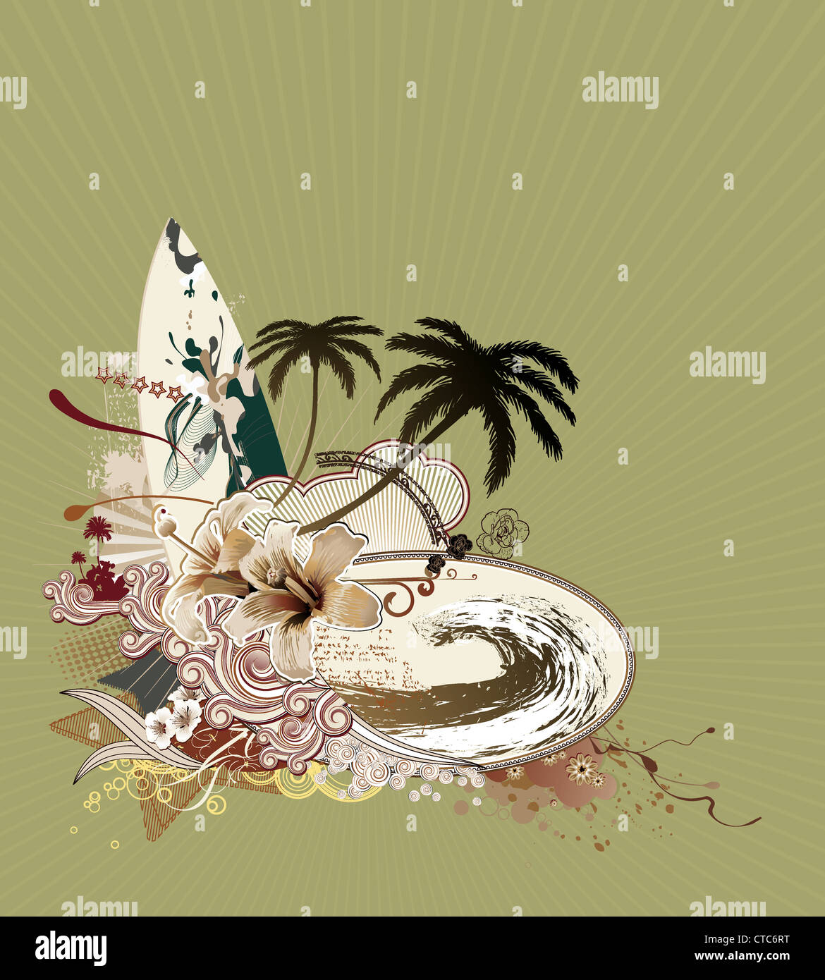 Illustrazione Vettoriale composizione grunge tavola da surf su raggi di sole grande onda hibiscus palme silhouette ricci strisce retrò Foto Stock