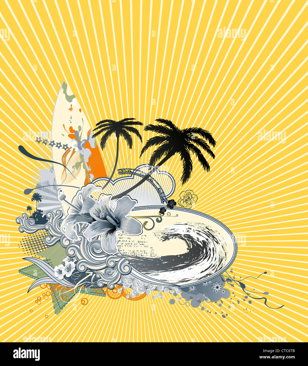 Illustrazione Vettoriale di estate composizione con tavola da surf più grande onda, hibiscus, palme silhouette e ricci strisce retrò Foto Stock