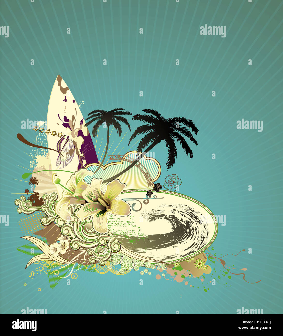 Illustrazione Vettoriale composizione grunge tavola da surf su raggi di sole grande onda hibiscus palme silhouette ricci strisce retrò Foto Stock