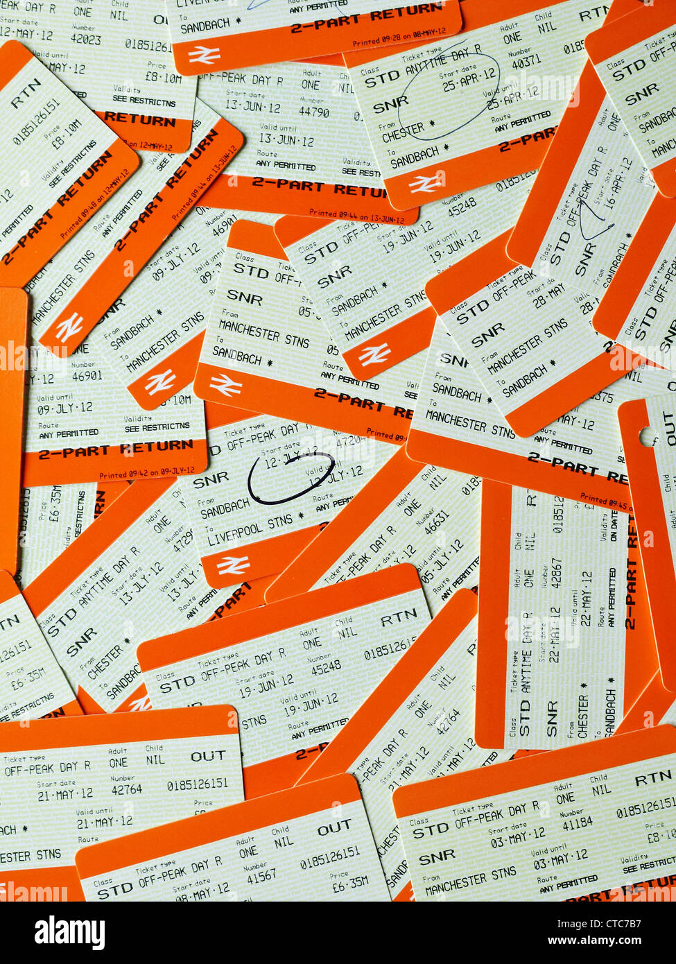 Regno Unito i biglietti del treno e un sacco di loro! Foto Stock