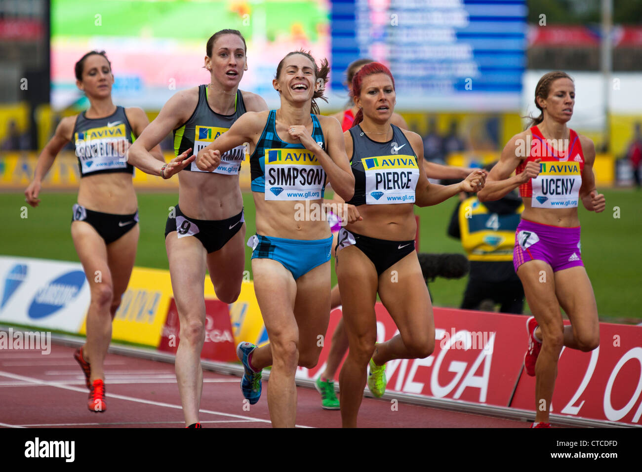 Jenny Simpson, Anna PIERCE, Laura WEIGHTMAN, Morgan UCENY, Shannon ROWBURY, Womens 1500m, Aviva London Grand Prix, 2012 Foto Stock