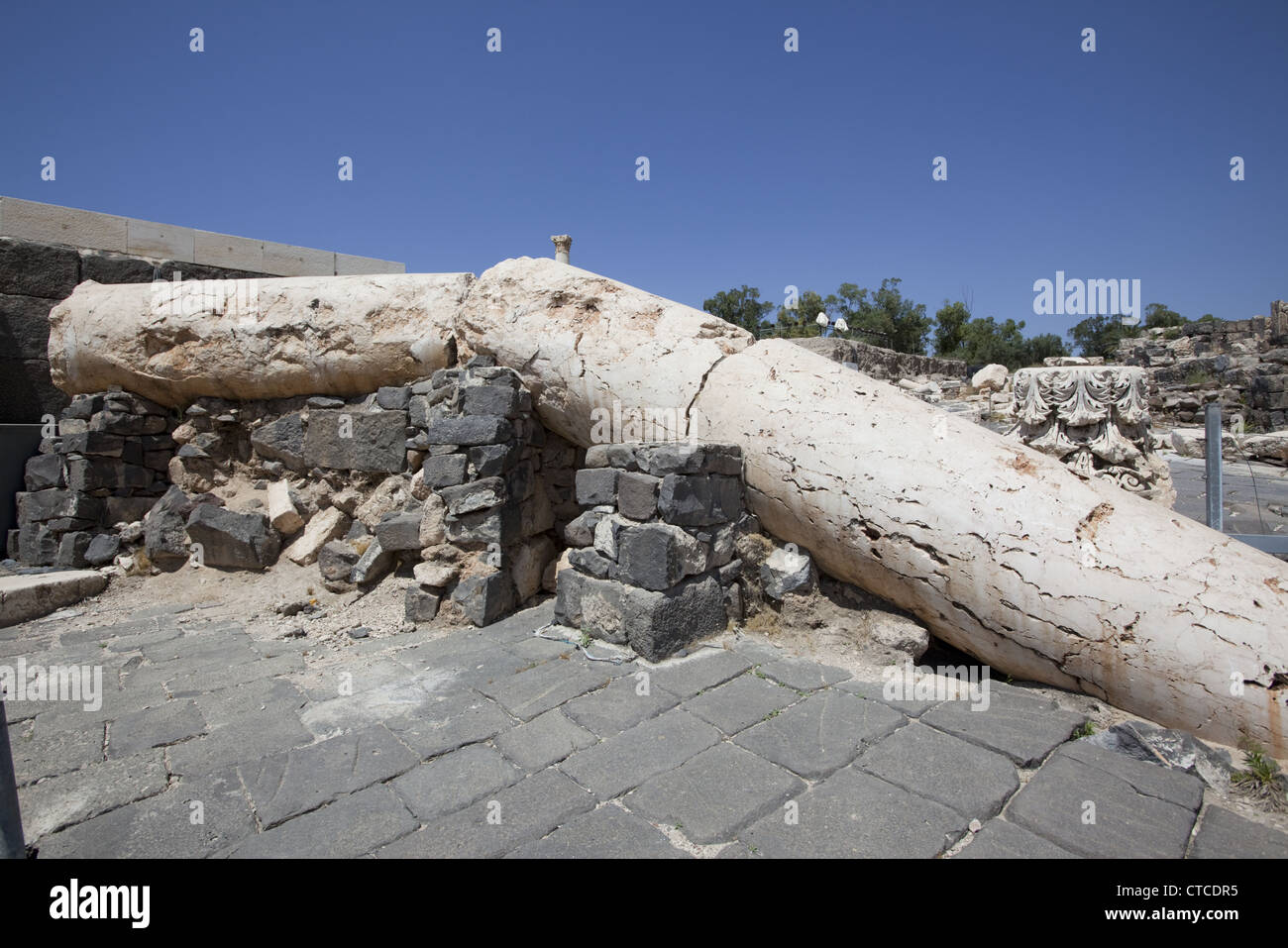 Colonne rovesciato da un forte terremoto che ha colpito il 18 gennaio 749 ce l'antica città romana di Beit She'an (Scythopolis), Israele. Foto Stock