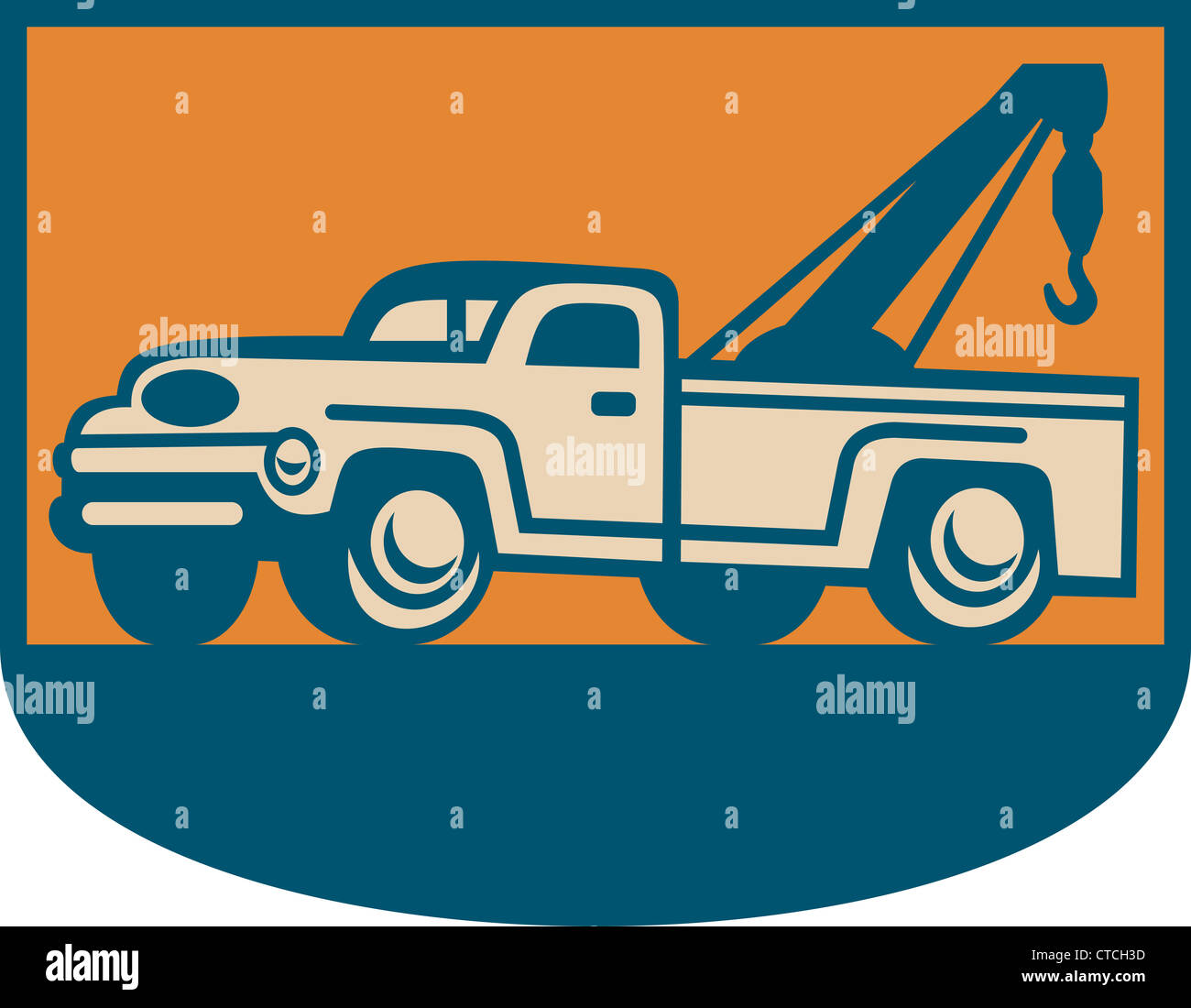 Retrò illustrazione di un traino vintage wrecker pickup truck visto dal lato. Foto Stock