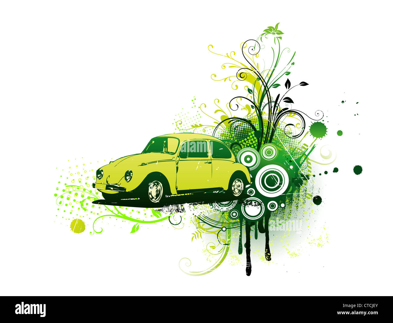 Illustrazione Vettoriale di vecchi custom verde Volkswagen Beatle sul grunge floral background decorativo Foto Stock