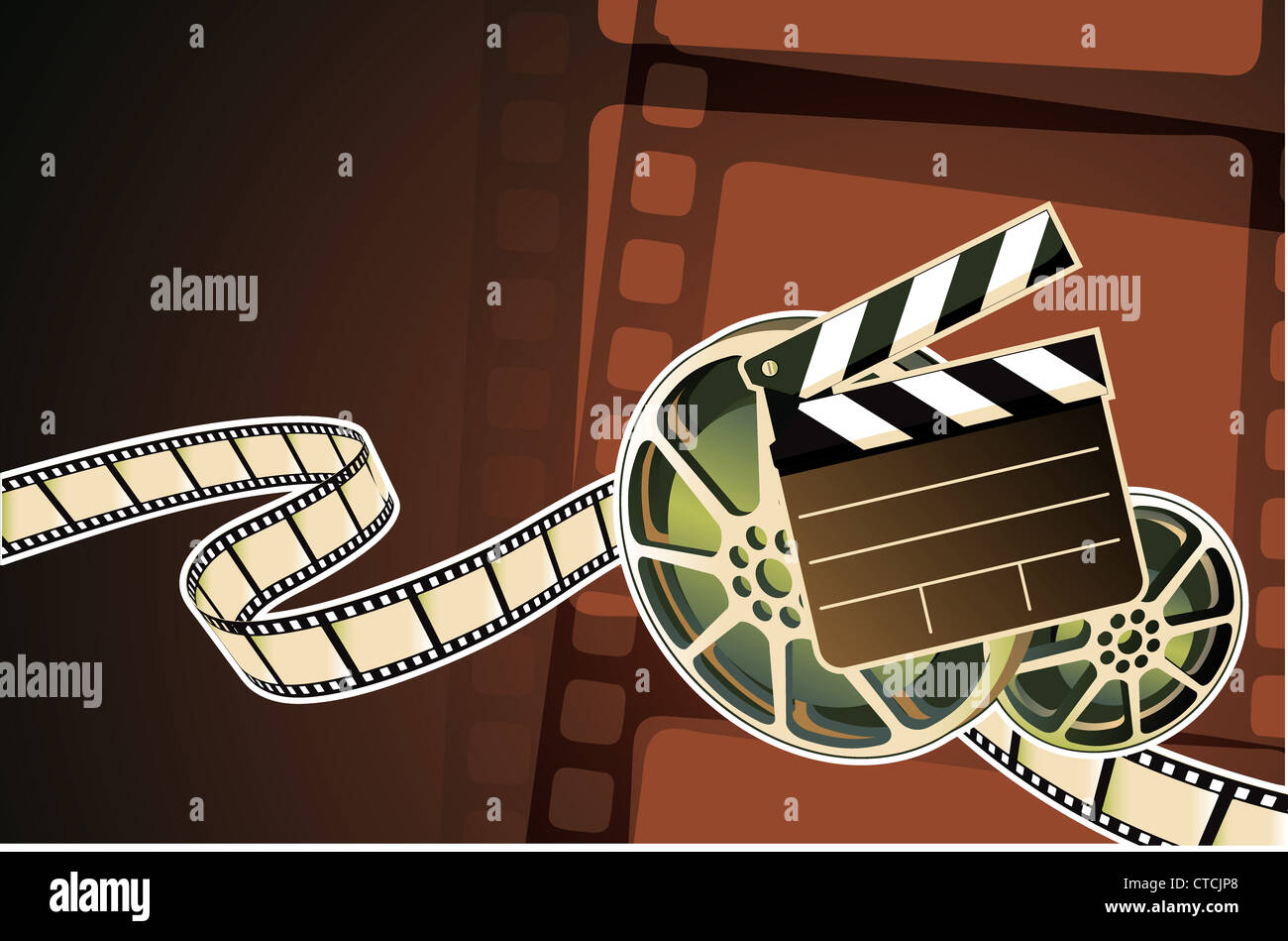 Illustrazione Vettoriale di astratta sfondo con film, clapperboard e una bobina di pellicola Foto Stock
