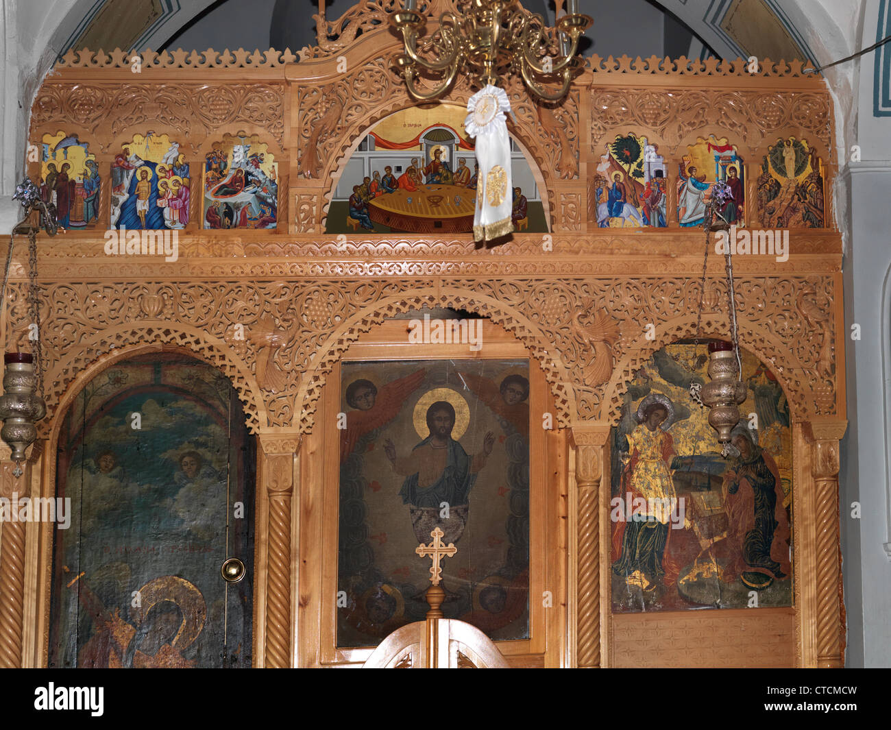 Grecia Samos Pagondas chiesa della Santa Trinità Gesù Cristo e Angelo con l'Ultima Cena al di sopra Foto Stock