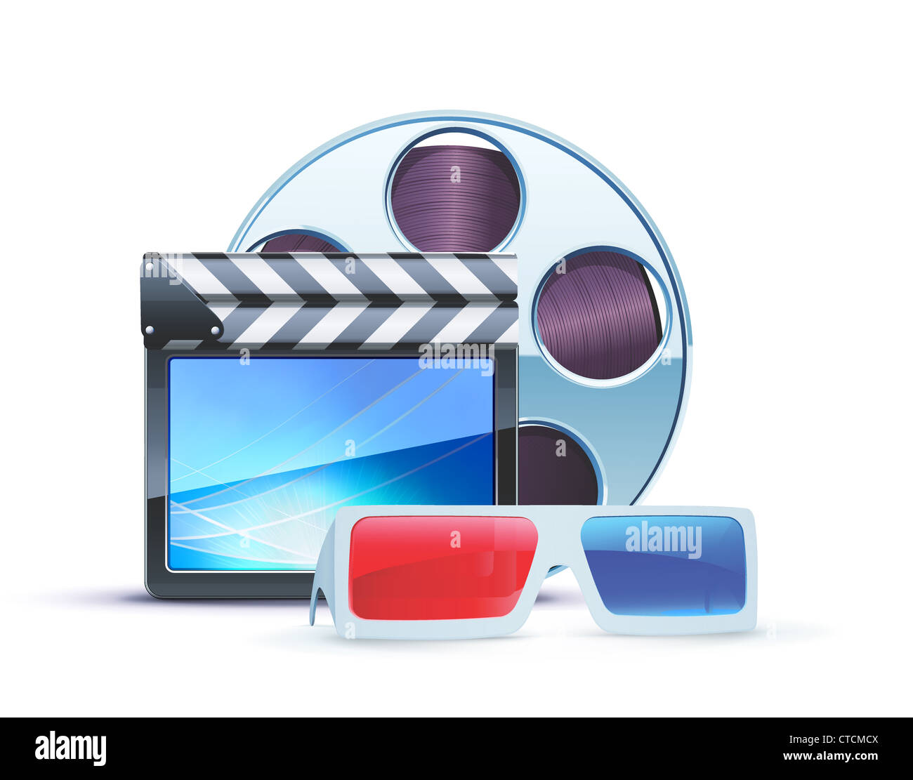 Illustrazione Vettoriale di cinema sfondo con 3d occhiali anaglifi, clapperboard e una bobina di pellicola Foto Stock