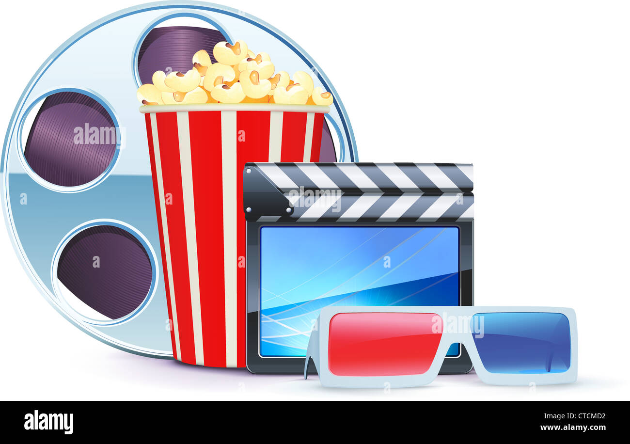 Illustrazione Vettoriale di sfondo del cinema con gli occhiali 3D, popcorn, clapperboard e una bobina di pellicola Foto Stock