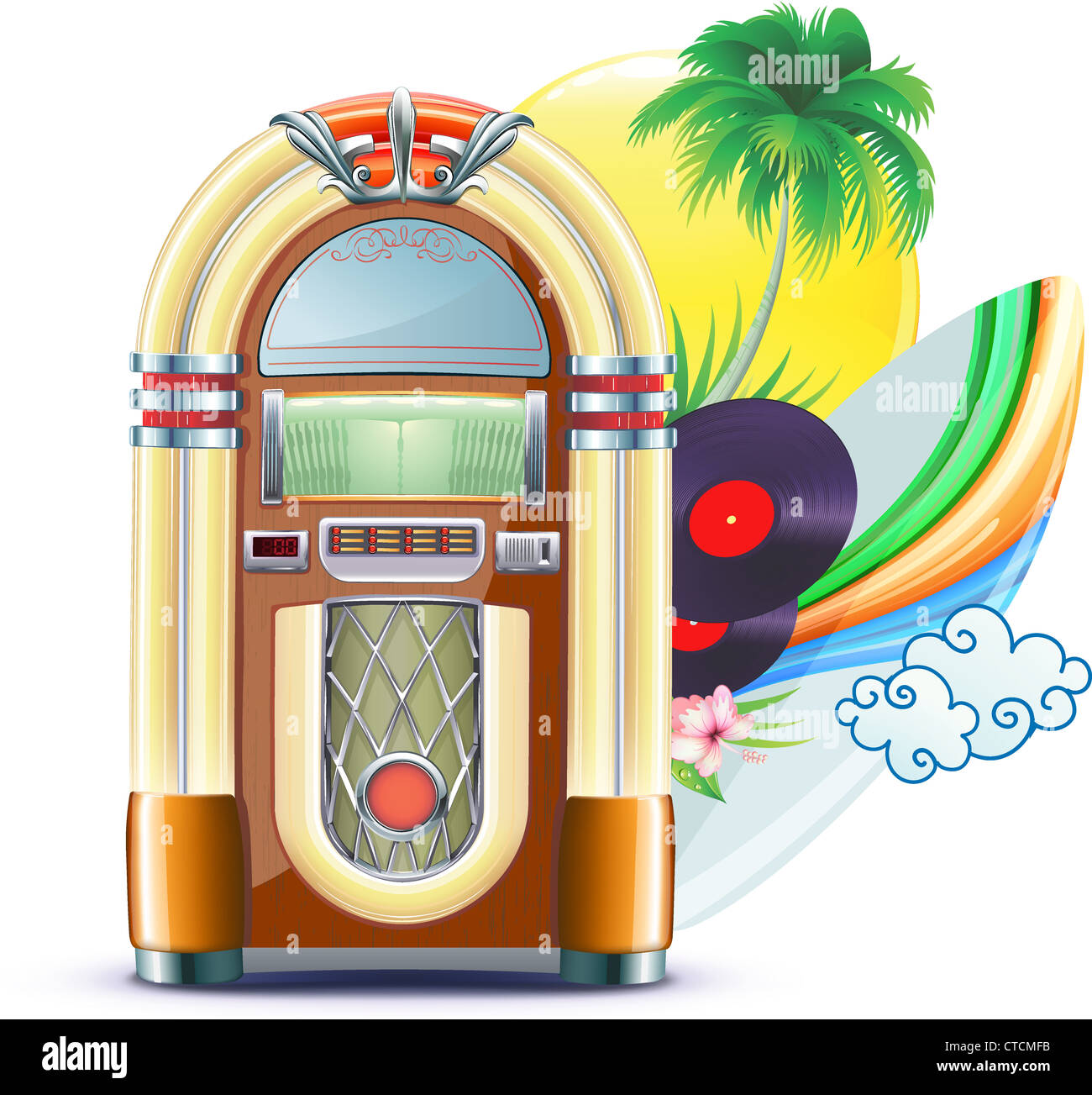 Illustrazione Vettoriale funky musica estate sfondo con palme jukeboxe vinyle dick fiori di ibisco surfboard giallo sole Foto Stock