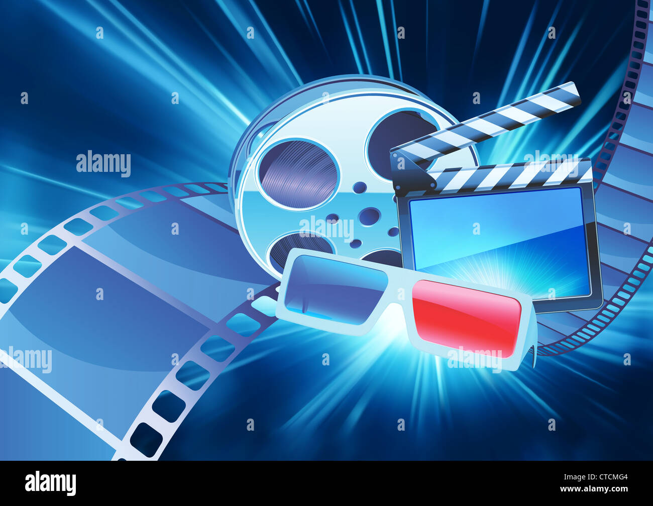 Illustrazione Vettoriale di blu cinema astratto sfondo con modelli di occhiali anaglifi, clapperboard e una bobina di pellicola Foto Stock