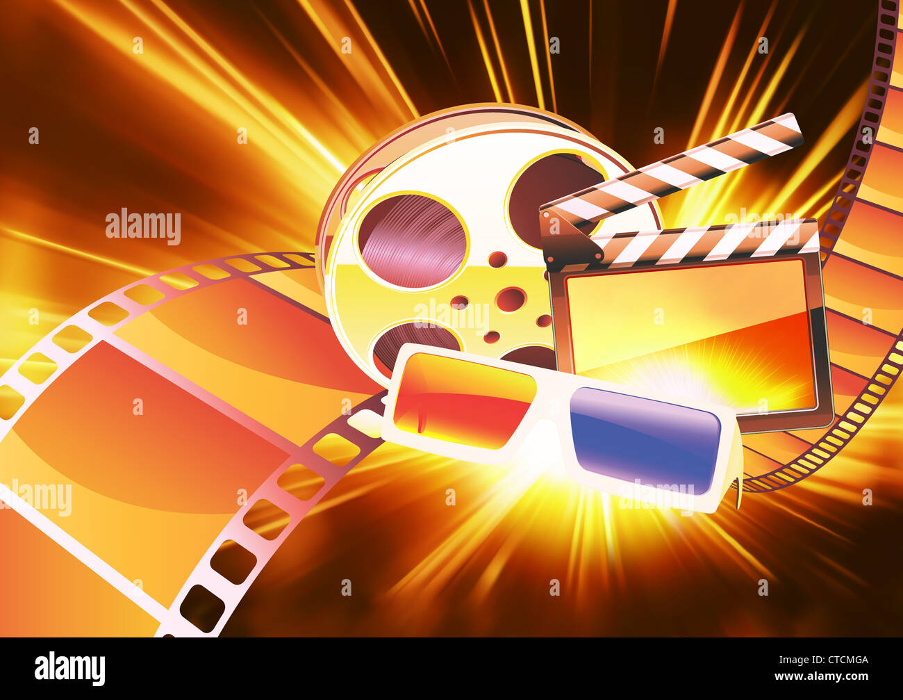 Illustrazione Vettoriale di orange cinema astratto sfondo con modelli di occhiali anaglifi, clapperboard e una bobina di pellicola Foto Stock
