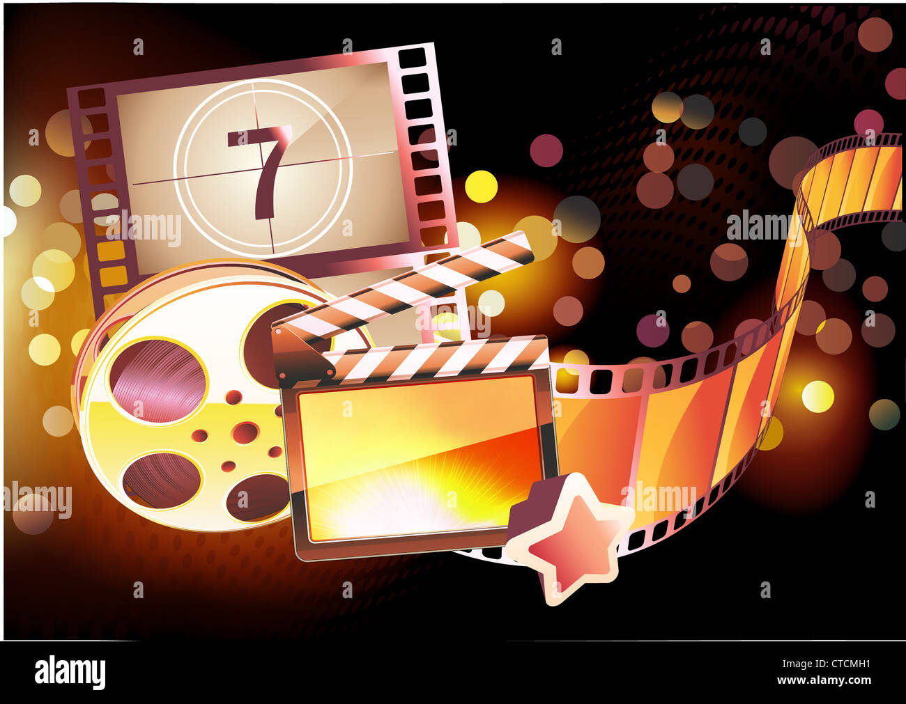 Illustrazione Vettoriale di orange cinema astratto sfondo con clapperboard e una bobina di pellicola Foto Stock