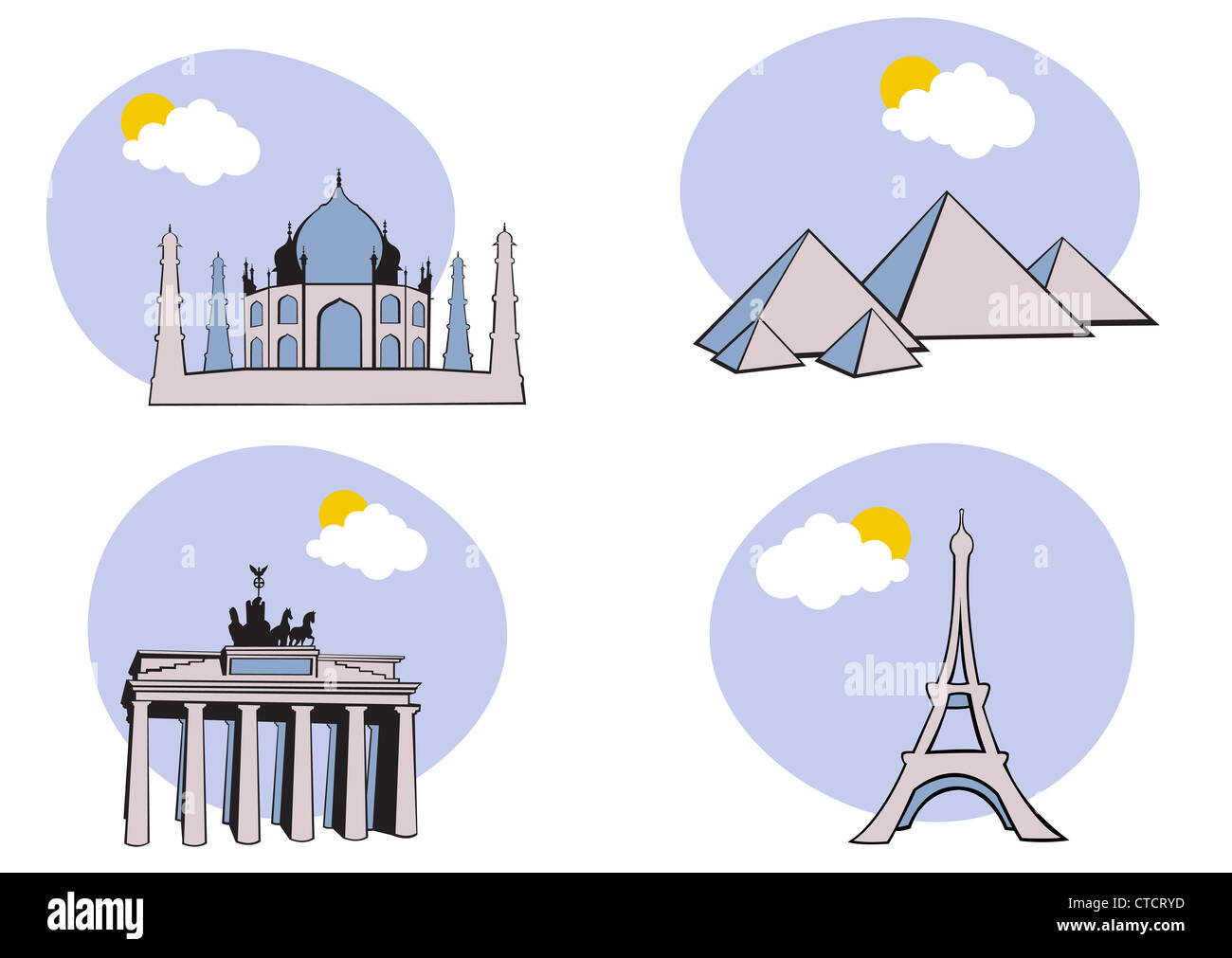 Illustrazione Vettoriale di tutto il mondo il viaggio include le icone Acropoli peramid Kheops Tag Mahal Torre Eiffel Foto Stock