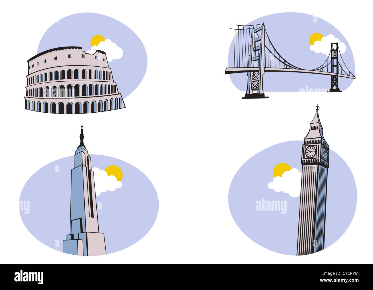 Illustrazione Vettoriale in tutto il mondo icone di viaggio include le icone Coliseum Golden Gate Big Ben Empire State Building Foto Stock