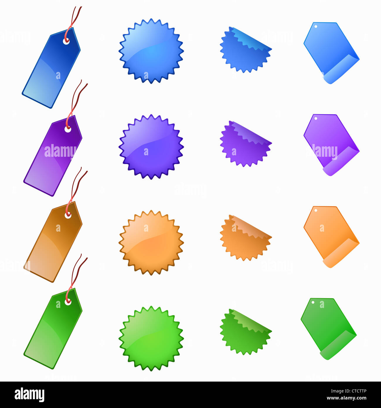 Illustrazione Vettoriale di etichette e tag. Quattro colori/quattro forme. Foto Stock