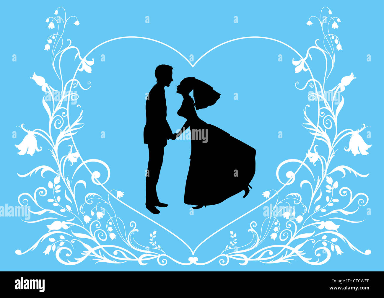 Illustrazione Vettoriale sposa sposo su sfondo elegante decorato con forma di cuore fiori ideali per invito a nozze Foto Stock
