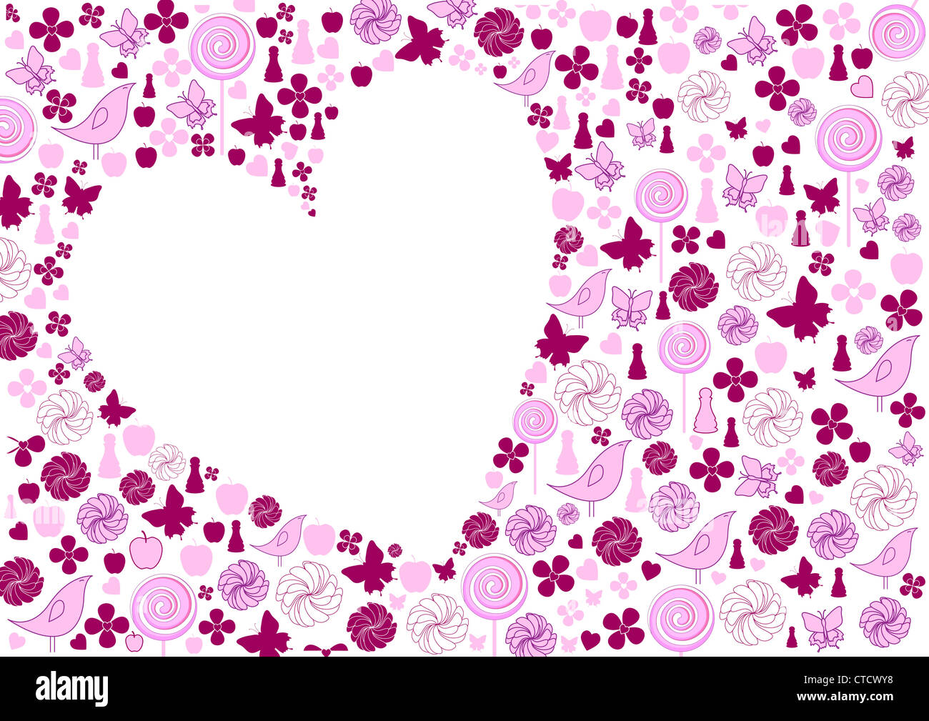 Illustrazione Vettoriale Valentine card include cuore silhouette oggetti diversi fiori butterfly candy apple etc intorno esso Foto Stock