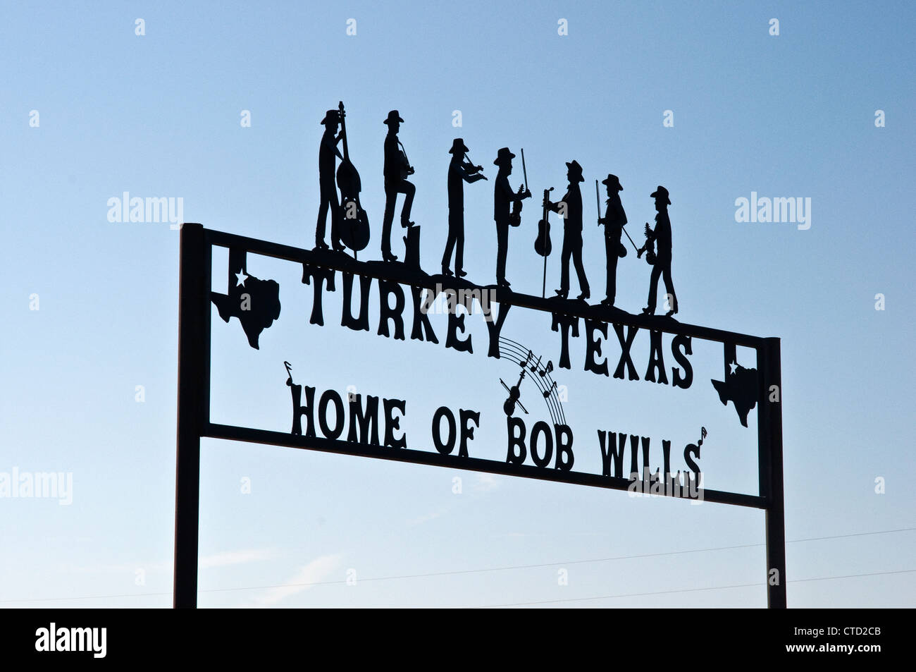 Ferro battuto segno sulla periferia della Turchia, il luogo di nascita di Bob Wills, 'Il Re del Western Swing', Panhandle Plains, Texas, Stati Uniti d'America Foto Stock