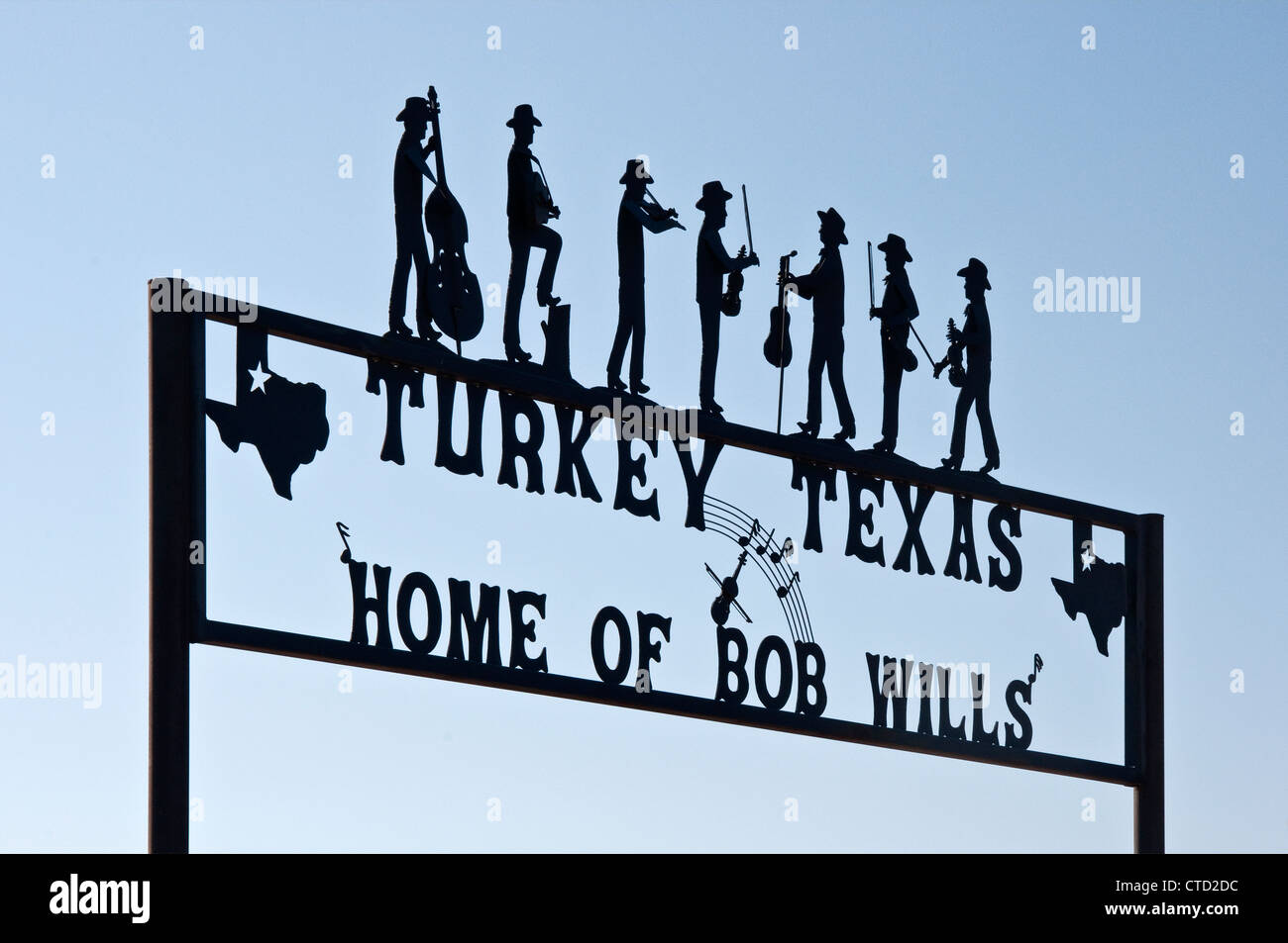 Ferro battuto segno sulla periferia della Turchia, il luogo di nascita di Bob Wills, 'Il Re del Western Swing', Panhandle Plains, Texas, Stati Uniti d'America Foto Stock