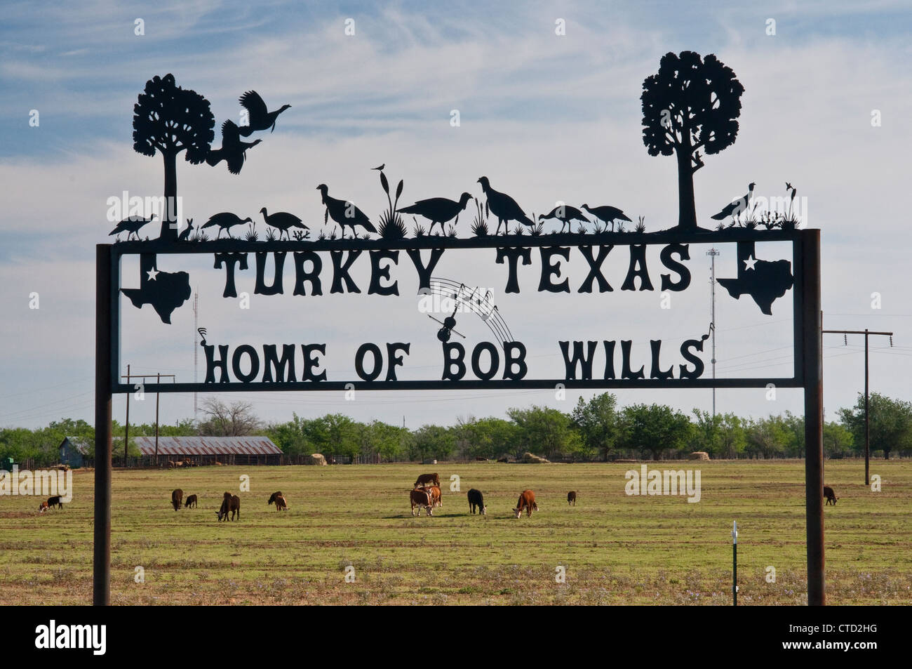 Ferro battuto segno sulla periferia della Turchia, il luogo di nascita di Bob Wills, 'Il Re del Western Swing', Panhandle Plains, Texas, Stati Uniti d'America Foto Stock