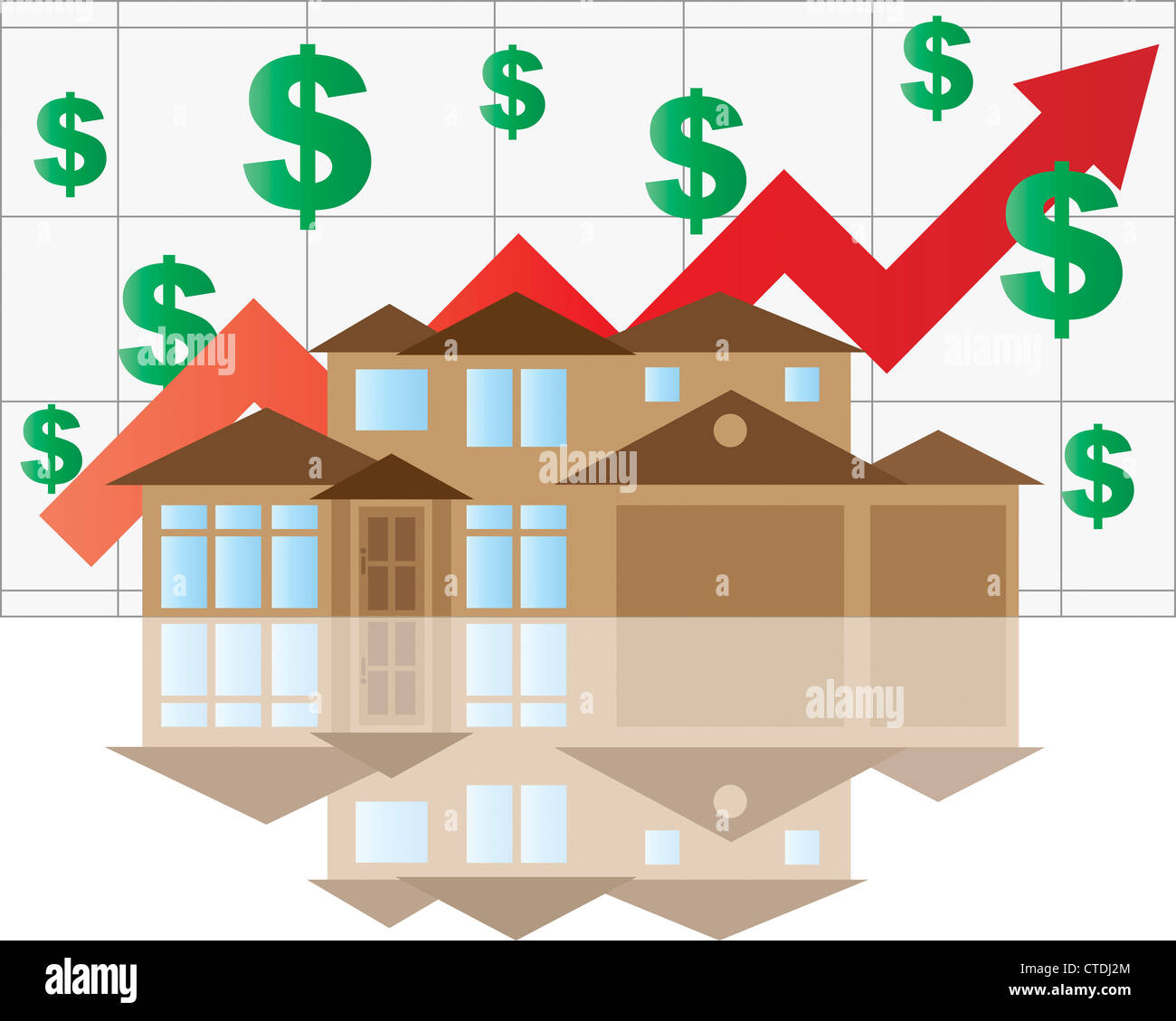 Home valore grafico in salita con casa freccia segni di dollaro grafico illustrazione Foto Stock