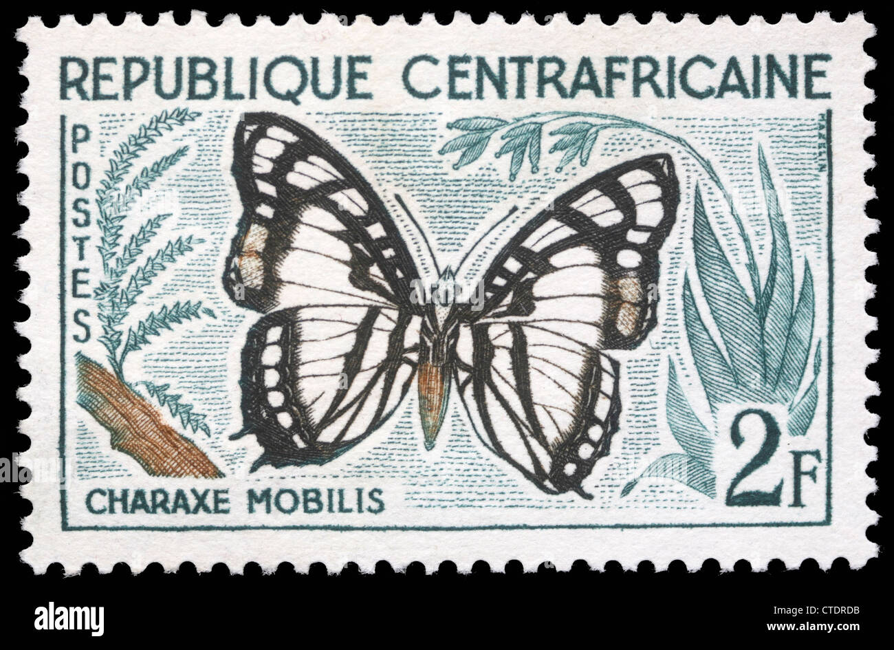Repubblica Centrafricana - circa 1960:un timbro stampato nella Repubblica Africana Centrale mostra una farfalla, Charax Mobilis, circa 1960 Foto Stock