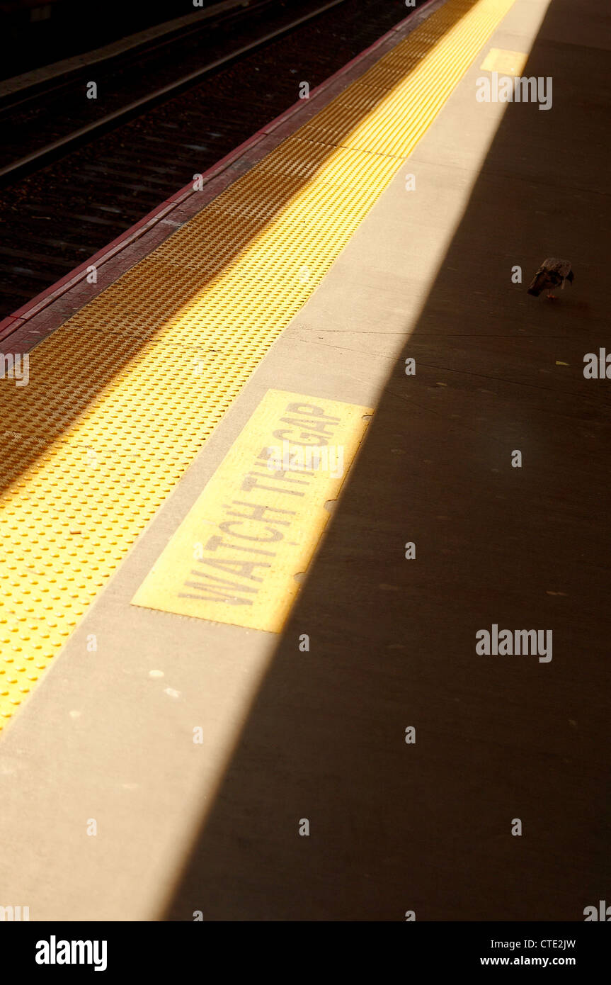 Avviso di colore giallo linee su una stazione ferroviaria Foto Stock