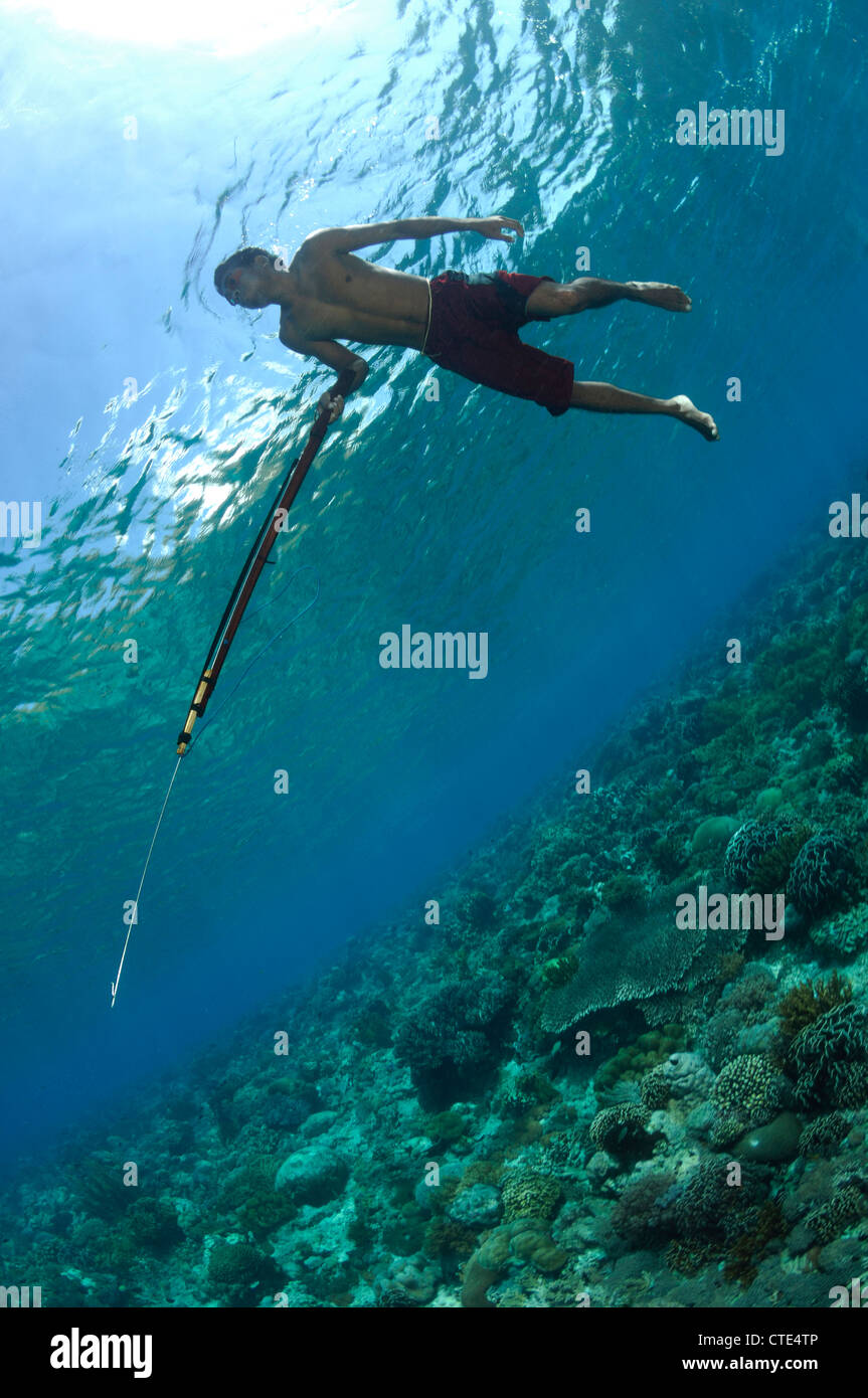 Pescatore caccia con fucile, Alor, Indonesia Foto Stock