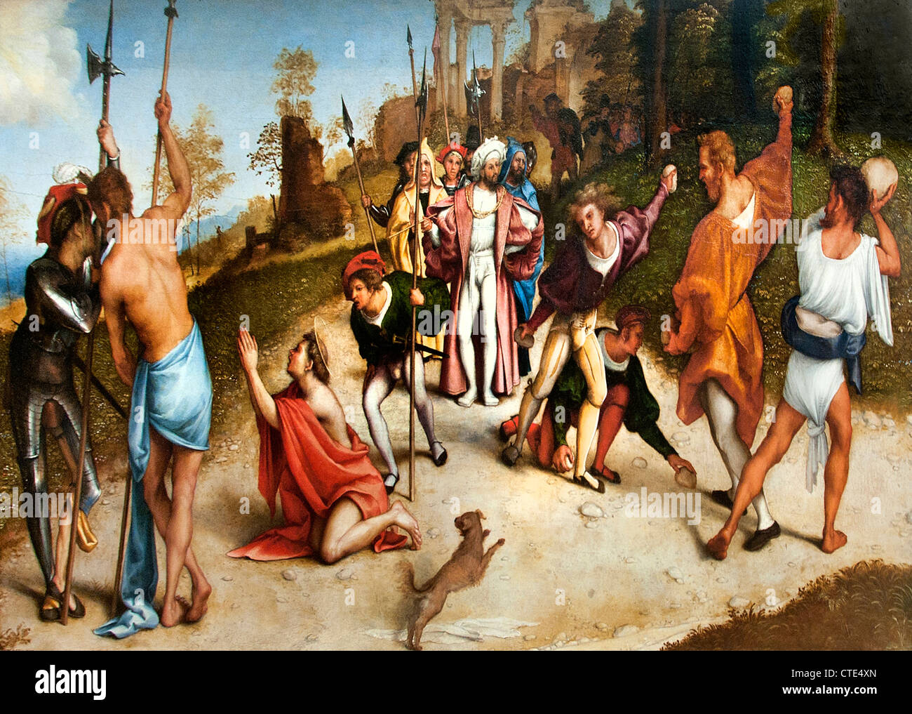 San Domenico reving Napoleone Orsini - Il Entombent la lapidazione di Santo Stefano di Lorenzo Lotto 480-1556 Loreto Italia Italiano Foto Stock