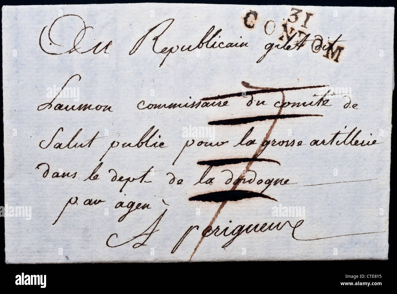 1820 Lettera francese con timbro postale preservativo, Gers, Francia. Foto Stock