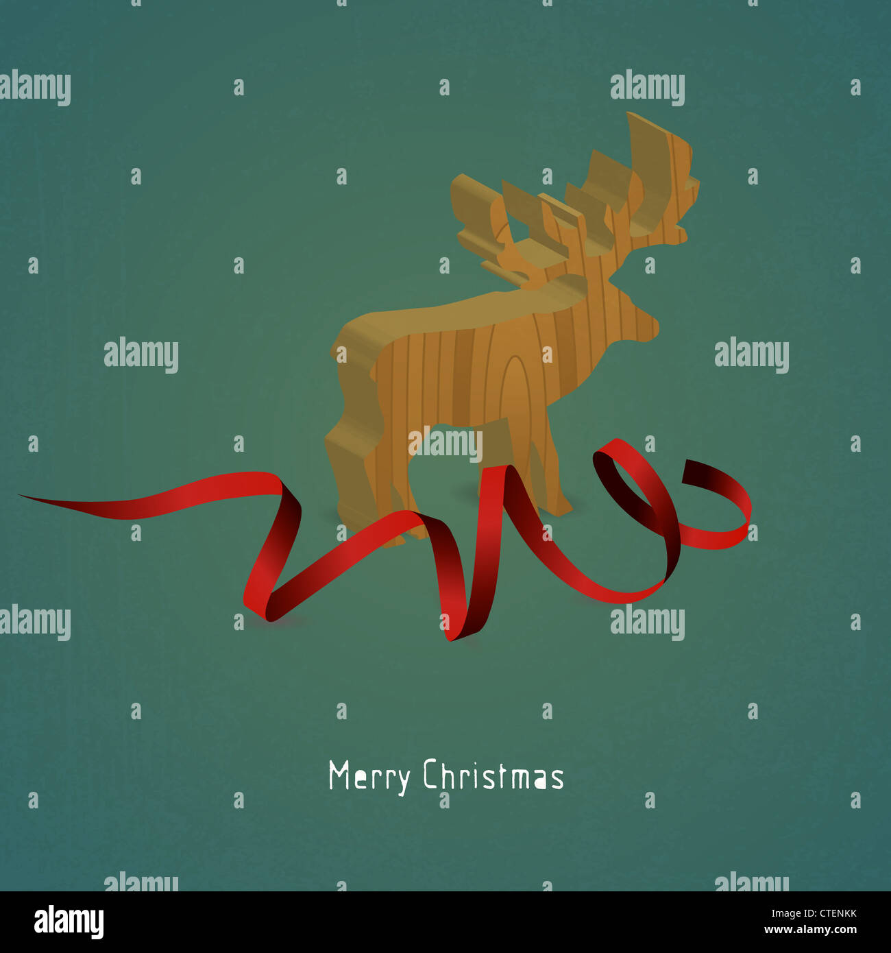 Scheda di Natale con le renne di legno e nastro rosso Foto Stock