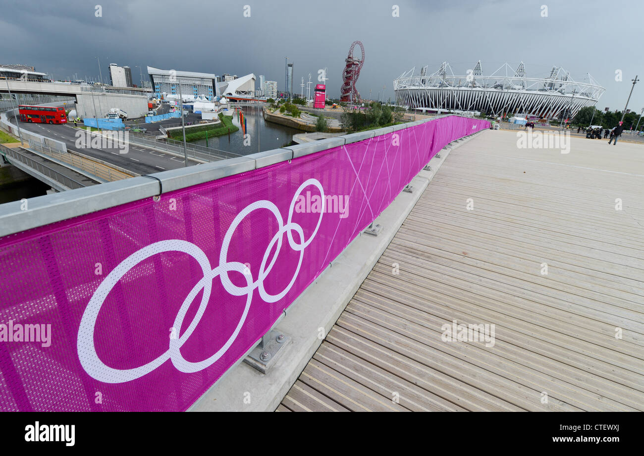 Un banner con i Giochi Olimpici di anelli interno Olympic Park Foto Stock