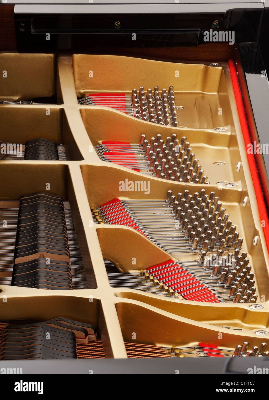 Interni dettagliati di un pianoforte che mostra le stringhe, pioli, scheda audio con messa a fuoco nitida in tutta l'immagine Foto Stock