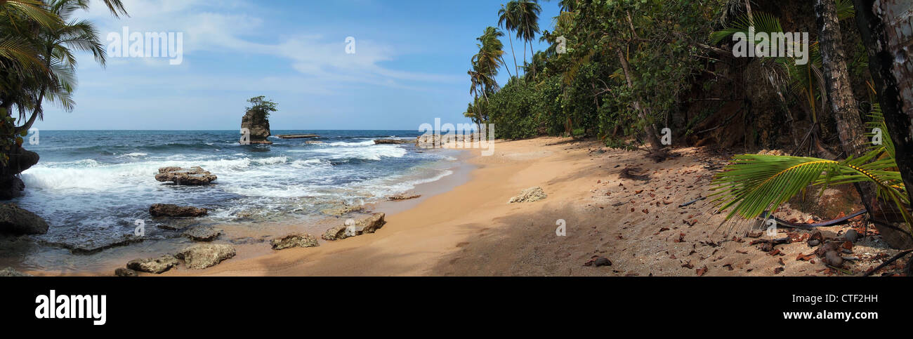 Panorama su di una spiaggia incontaminata con alcune rocce e vegetazione lussureggiante, lato caraibico del Costa Rica, Manzanillo, America Centrale Foto Stock