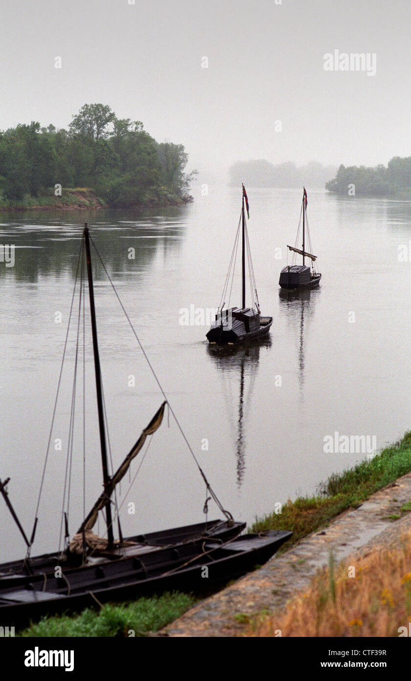 Brehemont,Centro, Indre-et-Loire, Fiume Loire Francia. Luglio 2012 Vista del fiume Loira con tradizionale fondo piatto barche. Foto Stock
