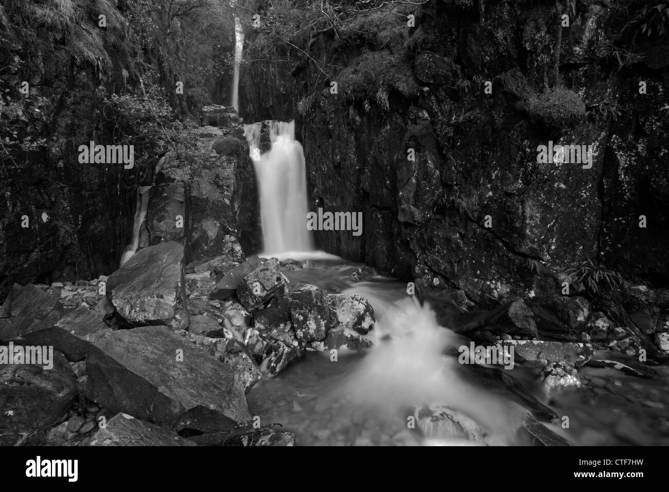 Immagine in bianco e nero di scala vigore cascata, Buttermere, Parco Nazionale del Distretto dei Laghi, Cumbria County, England, Regno Unito Foto Stock