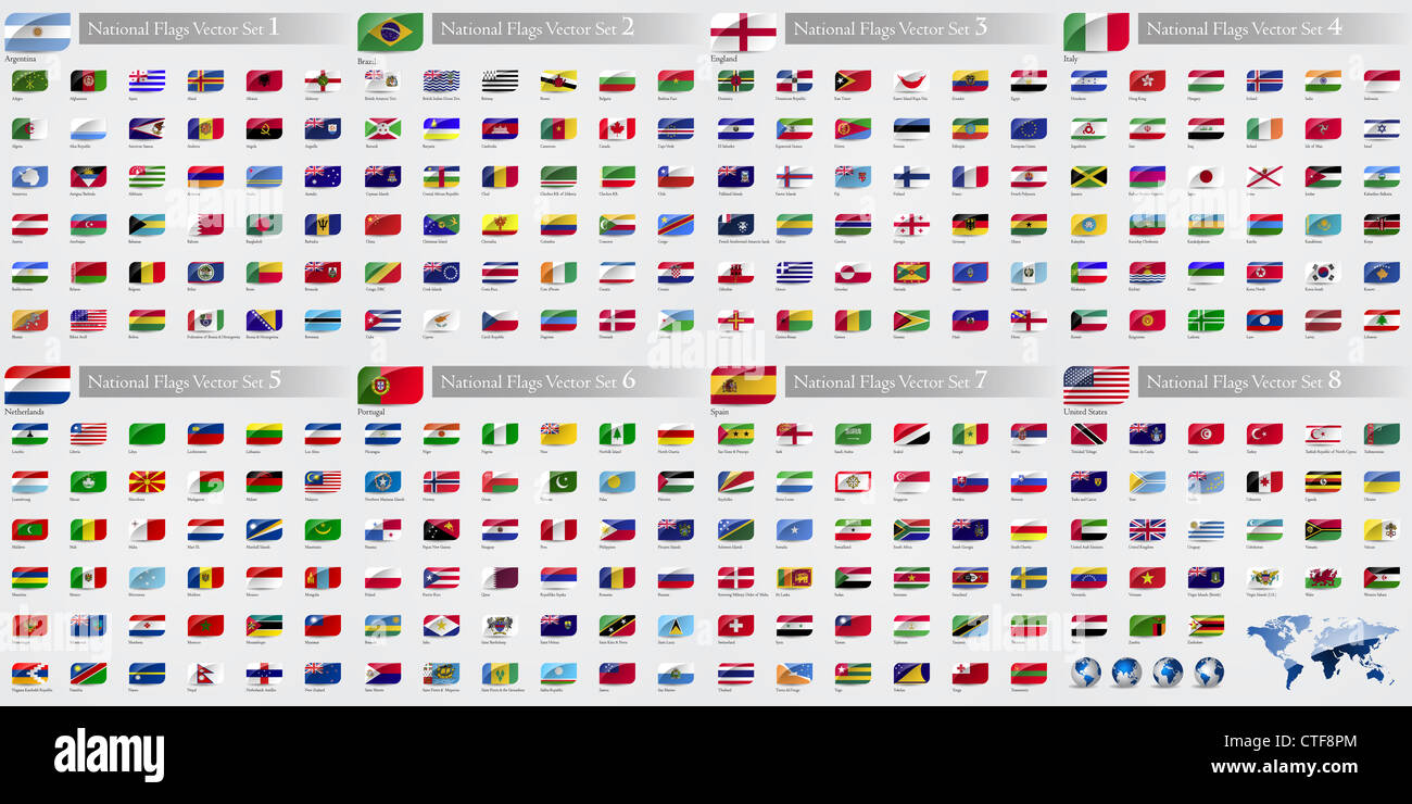 Bandiere nazionali del mondo goffrare e angolo tondo serie 7 Foto Stock
