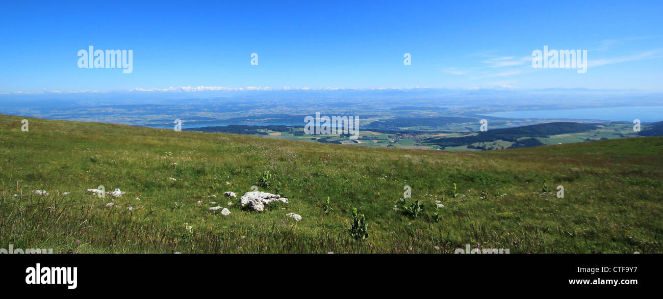 Vista su tutte le Alpi montagna dal monte Chasseral, Giura, Svizzera, dal bel tempo Foto Stock