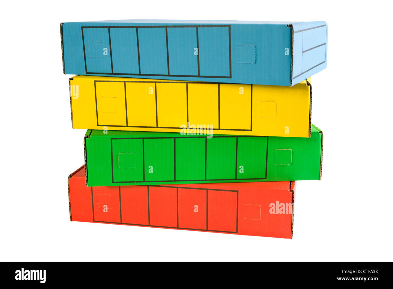 Una pila di scatole di archivio in colori luminosi. Tracciato di ritaglio Foto Stock