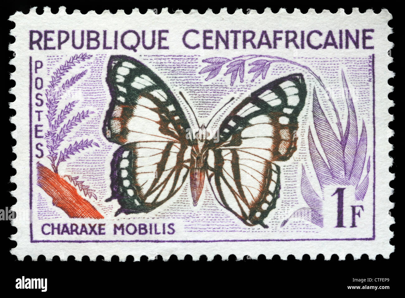 Repubblica Centrafricana - circa 1960:un timbro stampato nella Repubblica Africana Centrale mostra una farfalla, Charax Mobilis, circa 1960 Foto Stock