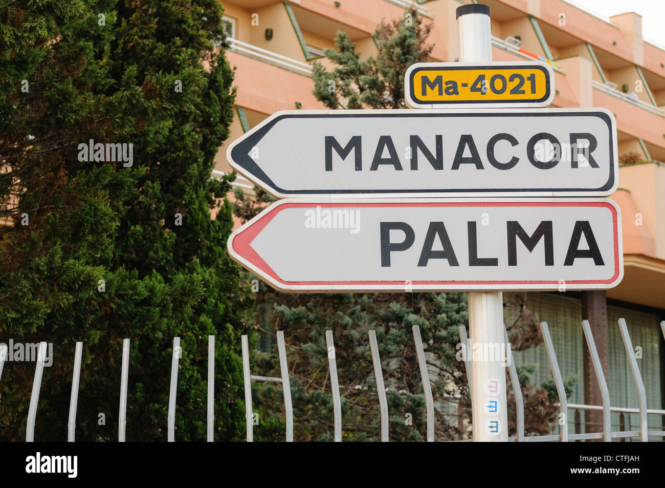 Cartello stradale a Manacor e Palma di Mallorca/Maiorca Foto Stock