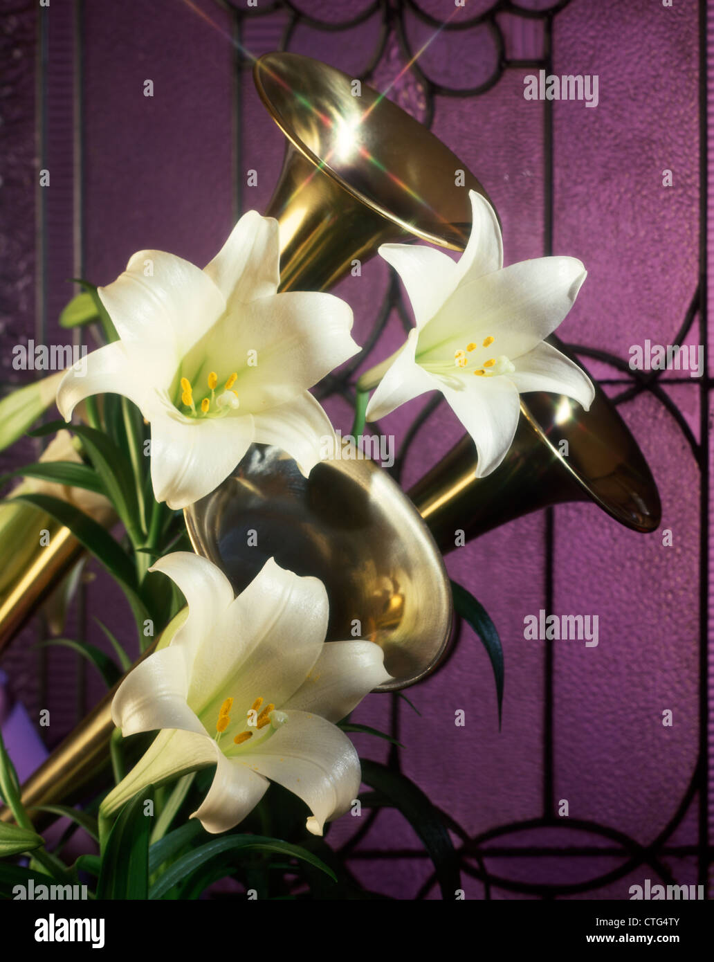 Pasqua gigli e trombe in ottone da viola vetrate a piombo Foto Stock