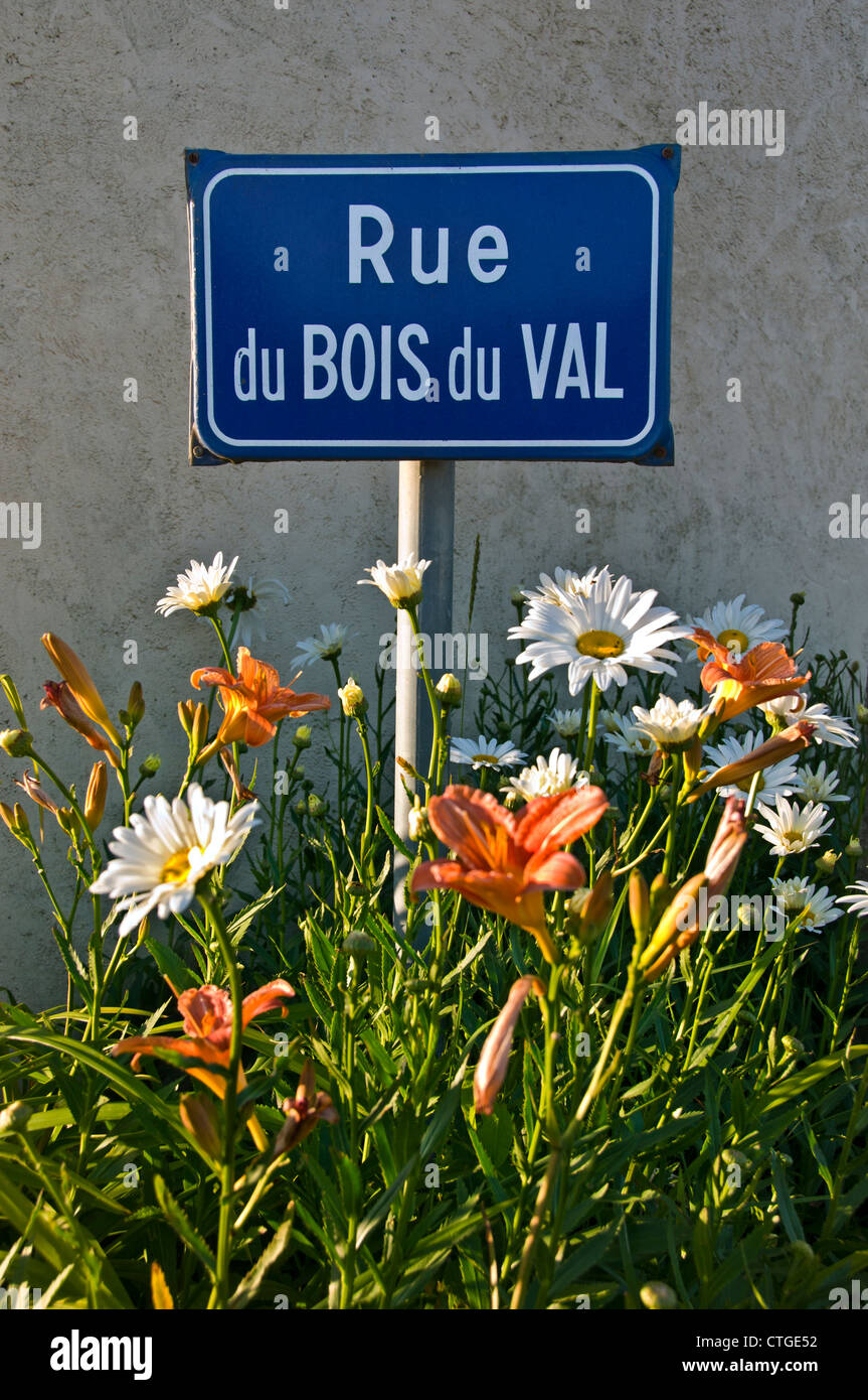 Tipica rurale francese blu villaggio locale strada segno circondato da fiori di primavera nel tardo pomeriggio di sole Francia Foto Stock